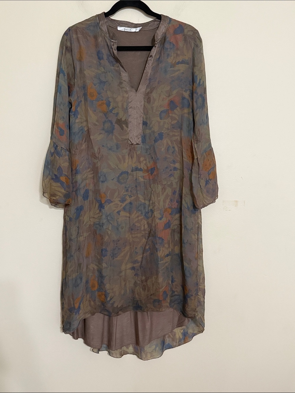 Nicole High-Low Floral Tunic Dress in Taupe, Blue & Rust women S silk Y2K gothic